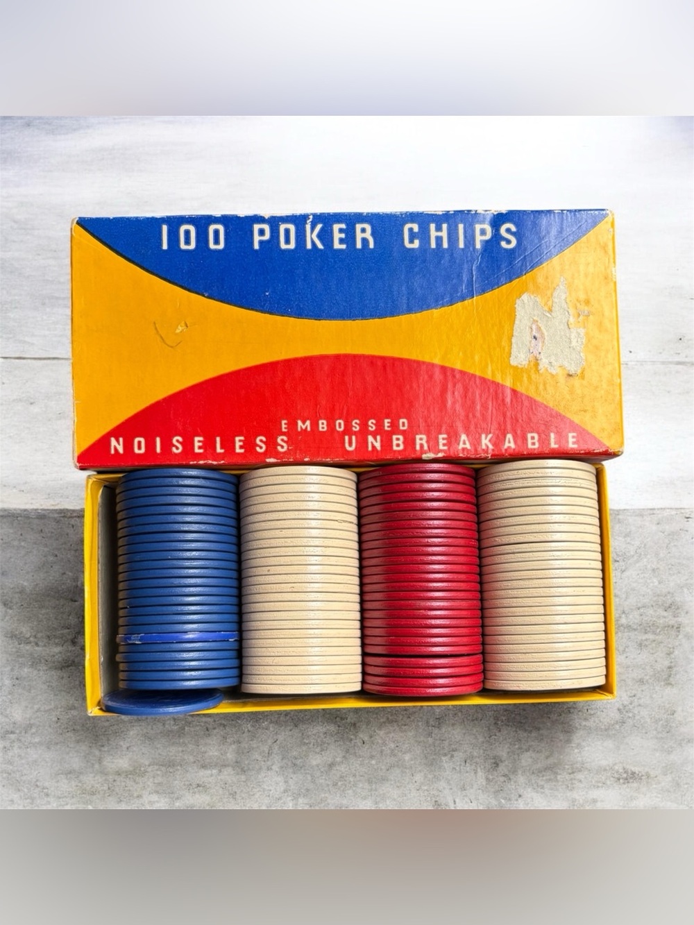 Vintage Van Dyke Embossed Fleur De Lis 100 Poker Chips Set - Blue, White & Red